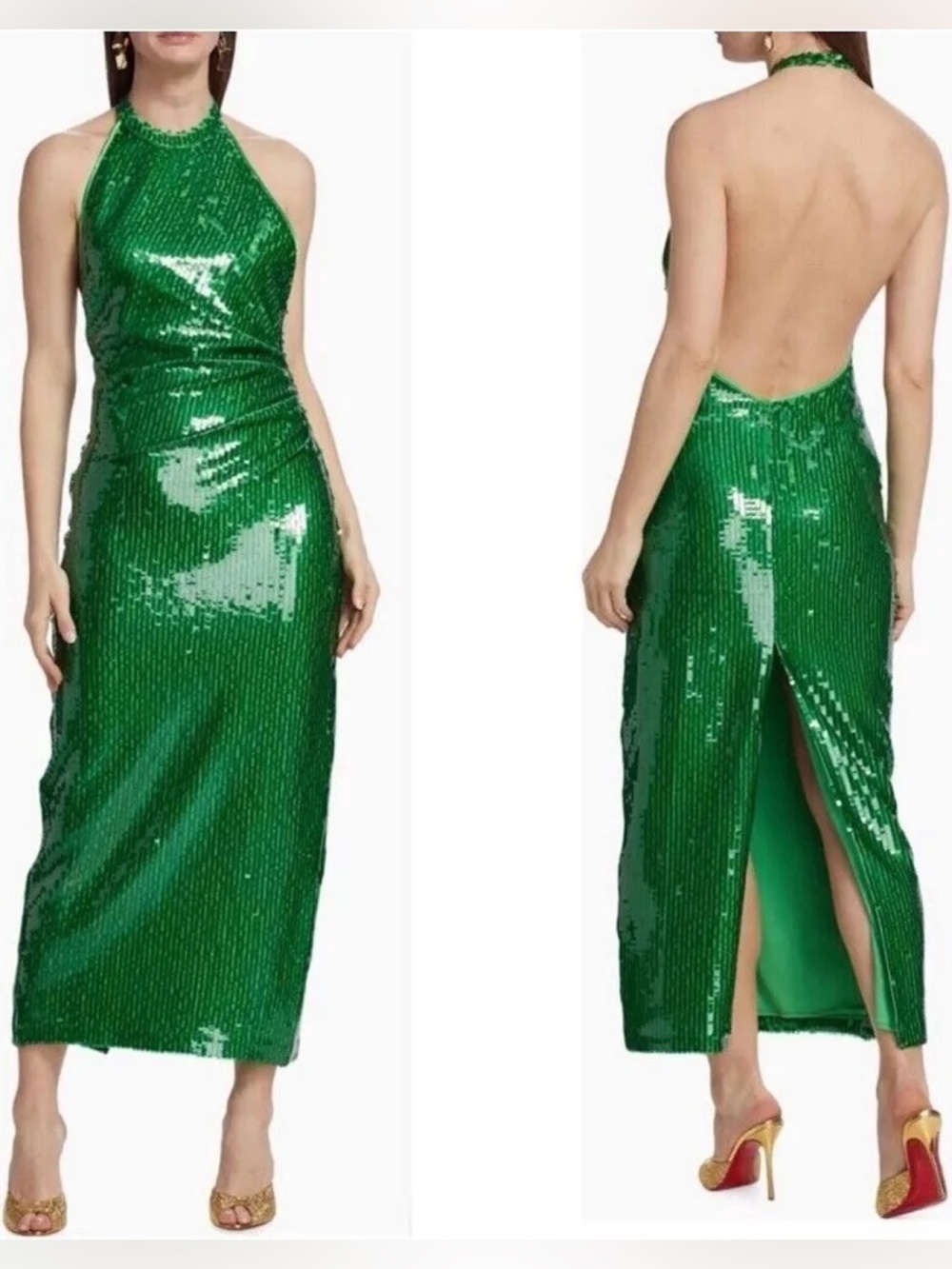 NWT RONNY KOBO Alix Green Sequined Halter Midi Gown Size Small NEW Revolve